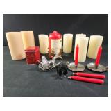 Pillar candles, metal candle holders. Christmas