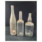 3 vintage Clear Glass bottles, liquor wine