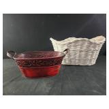 Vtg white wicker basket planter, red metal basket