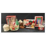 Assorted christmas decorations, music box, candle
