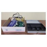 Cash box , cords, and a tin