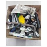 Assorted shop items, headlamp, wire brush