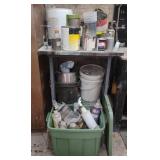 Metal and wood shelf with paint and supplies 30 x