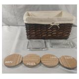 Basket, candle holders and coasters