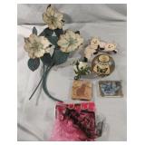 Metal flower wall decor, curtain rod hooks and