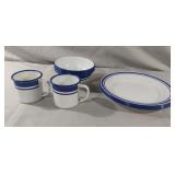 Enamel bowls, plates and cups. 9 pieces total
