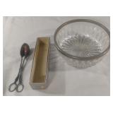 Silver plated rim glass bowl and set of tongs