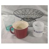 Metal basket, mug, soup bowl and a drinking glass
