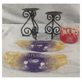 Metal candle holders, wine glass decor and a