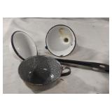 Vintage enamel funnel, scoop and cup