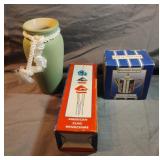 American flag wind chime, porcelain teapot and a