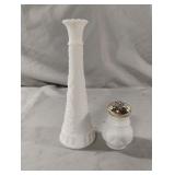 Vintage Avon powder sachet and milk glass vase