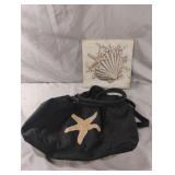 Seashell canvas wall art and an overnight bag