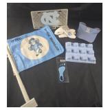 UNC paraphernalia group, license plate, flag,
