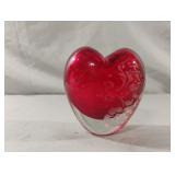Ruby Red Glass Heart Vase with Etched Floral