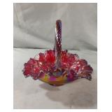 Fenton red iridescent carnival glass basket with
