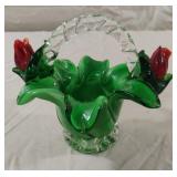 Vintage Green Blown Glass Floral Basket