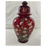 Vintage ruby red glass floral and butterfly urn.