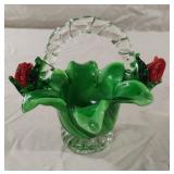 Vintage Green Blown Glass Floral Basket