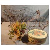 Metal baskets and a metal tin can with lid