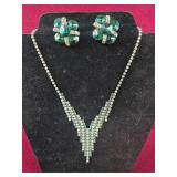 Clear and Green Rhinestone Necklace and Earrings