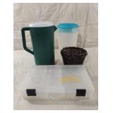 Basket, plastic organizer and plastic pitchers