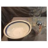 Drinking glasses, ceramic bowl and a cheese