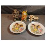 Ceramic rabbits decor and Avon collectable plates