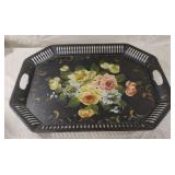 Vintage black Toleware Tray Hand Painted Roses