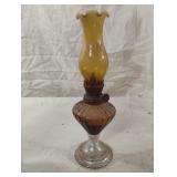 Vintage miniature amber ribbed oil lamp