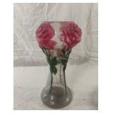 Vintage glass vase with decorative pink roses and