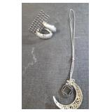 Silvertone earrings and crescent moon necklace