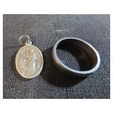 St Benedict pendant and Silvertone wedding band