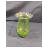 Vintage green glass ruffled vase 5 1/2' tall