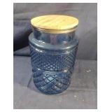 Light blue glass canister with wood lid