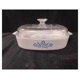 vintage CorningWare casserole dish in the iconic