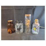 Home decor, 3 glass bottles and 1 brown plastic
