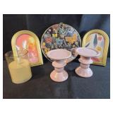 Home decor, pink pedestal, faux candle, butterfly