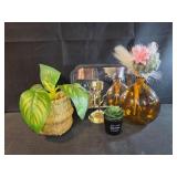 Home decor, faux plant, mirror, amber glass vase