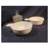 Glass trinket dish with lid and 2 ceramic soup