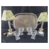 Silver Plate Tray, Candlestick Lamps and Sherbet