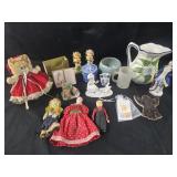 Misc Box Lot - Pitcher, Vintage Dolls, Figurines