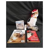 Cat books, cat themed umbrella and stuffed cat