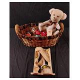 Basket with handmade cat doll, painted rocks and