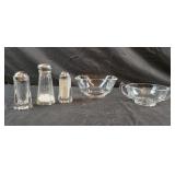 Salt and pepper shakers, glass floral etched