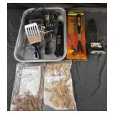 BBQ fork and pan, grill cleaner, mesquite chips