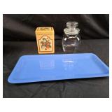 Glass jar, strawberry tin, plastic blue tray