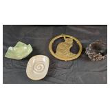vintage brass cat trivet, pewter Magnolia ring