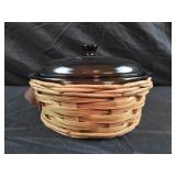 vintage pyrex amber glass casserole dish with a