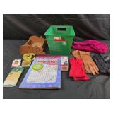 Womens gloves, wooden cat tray, christmas  pins,